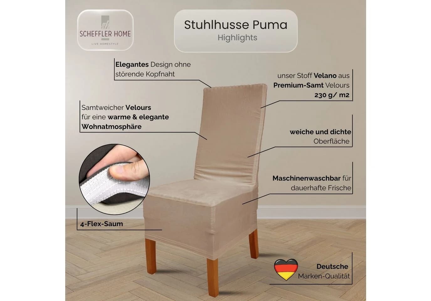 Scheffler Home Stuhlhusse VelvetFit Puma – Elastischer Stuhlbezug für Große Stühle - Bild 3