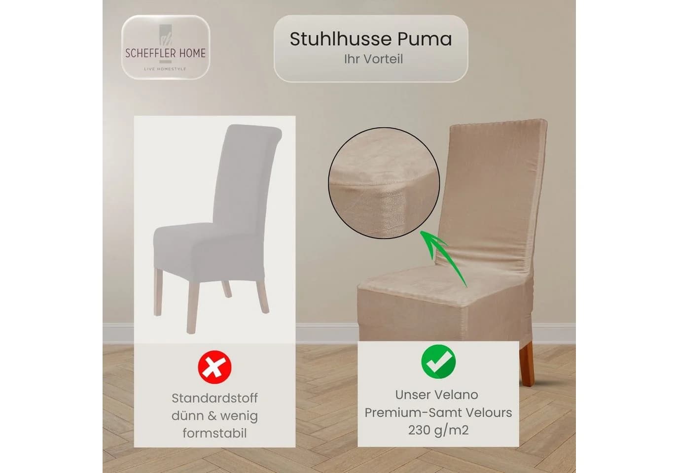 Scheffler Home Stuhlhusse VelvetFit Puma – Elastischer Stuhlbezug für Große Stühle - Bild 4