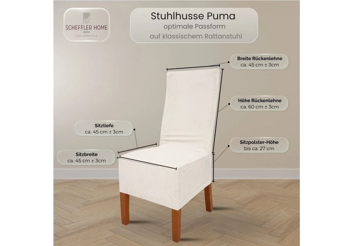 Scheffler Home VelvetFit Puma Stuhlhusse Weiss-Beige Samt-Optik Elastisch