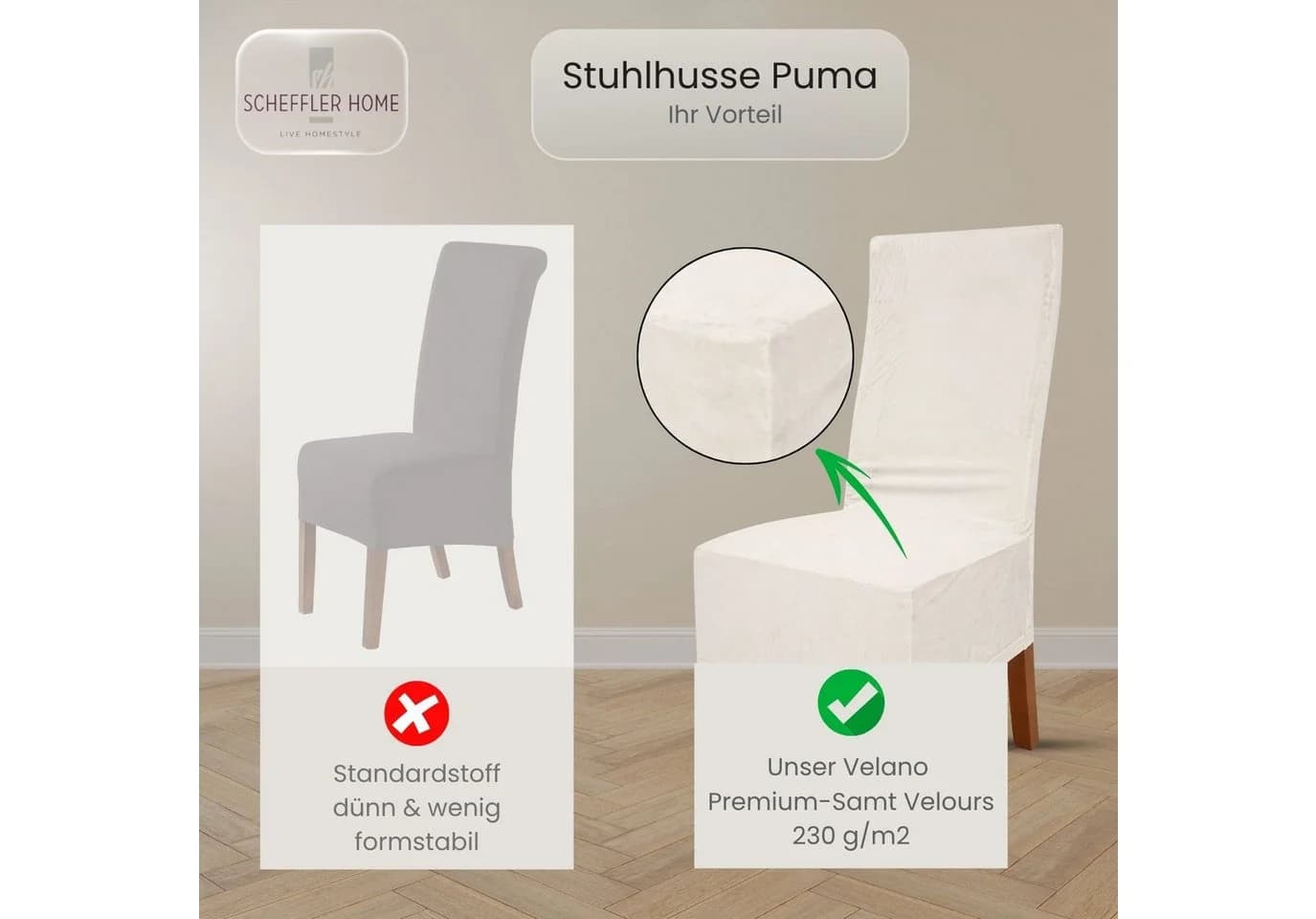 Scheffler Home VelvetFit Puma Stuhlhusse Weiss-Beige Samt-Optik Elastisch - Bild 4