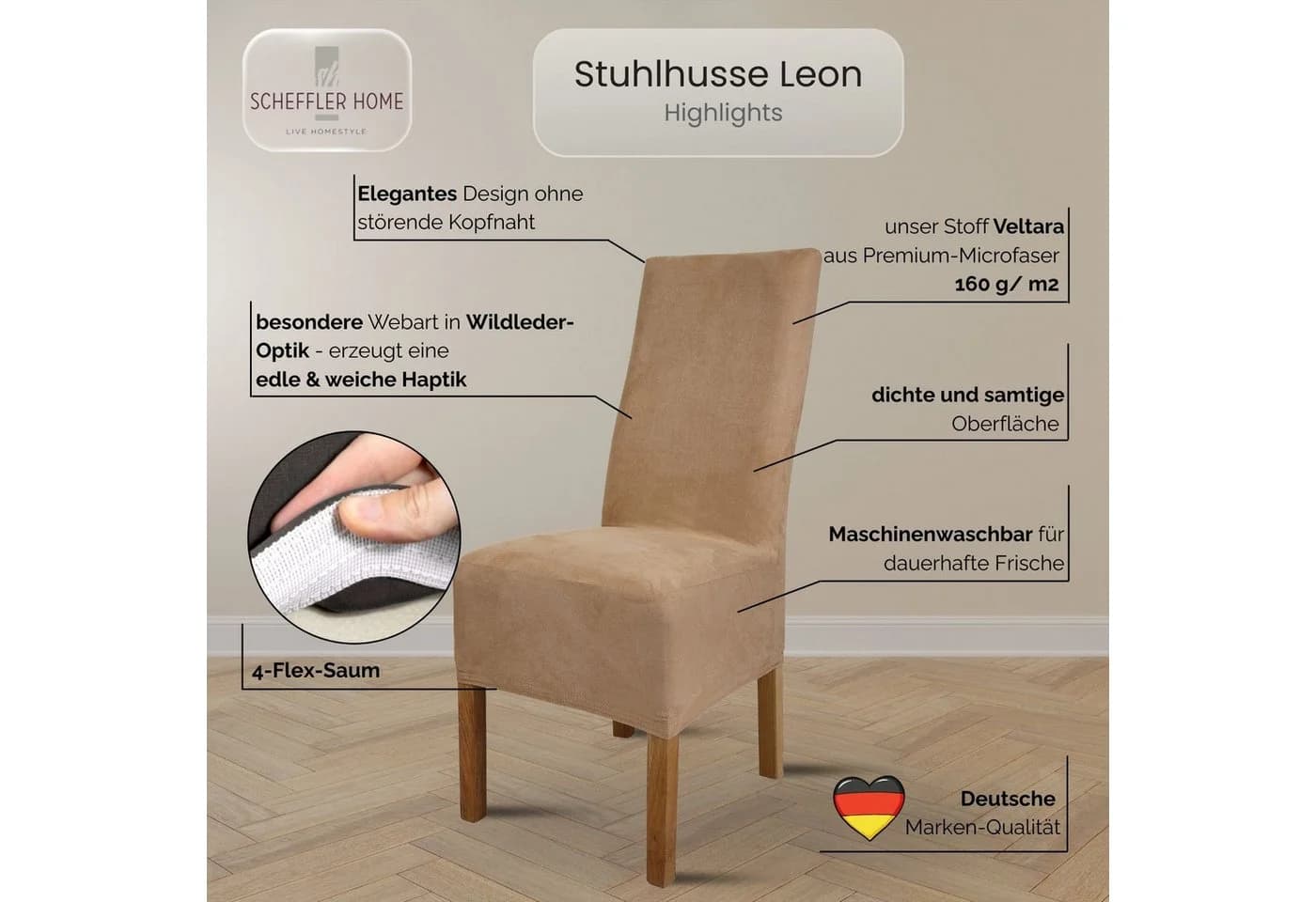 Scheffler Home Stuhlhusse Leon Beige Veltara Microfaser - Bild 3