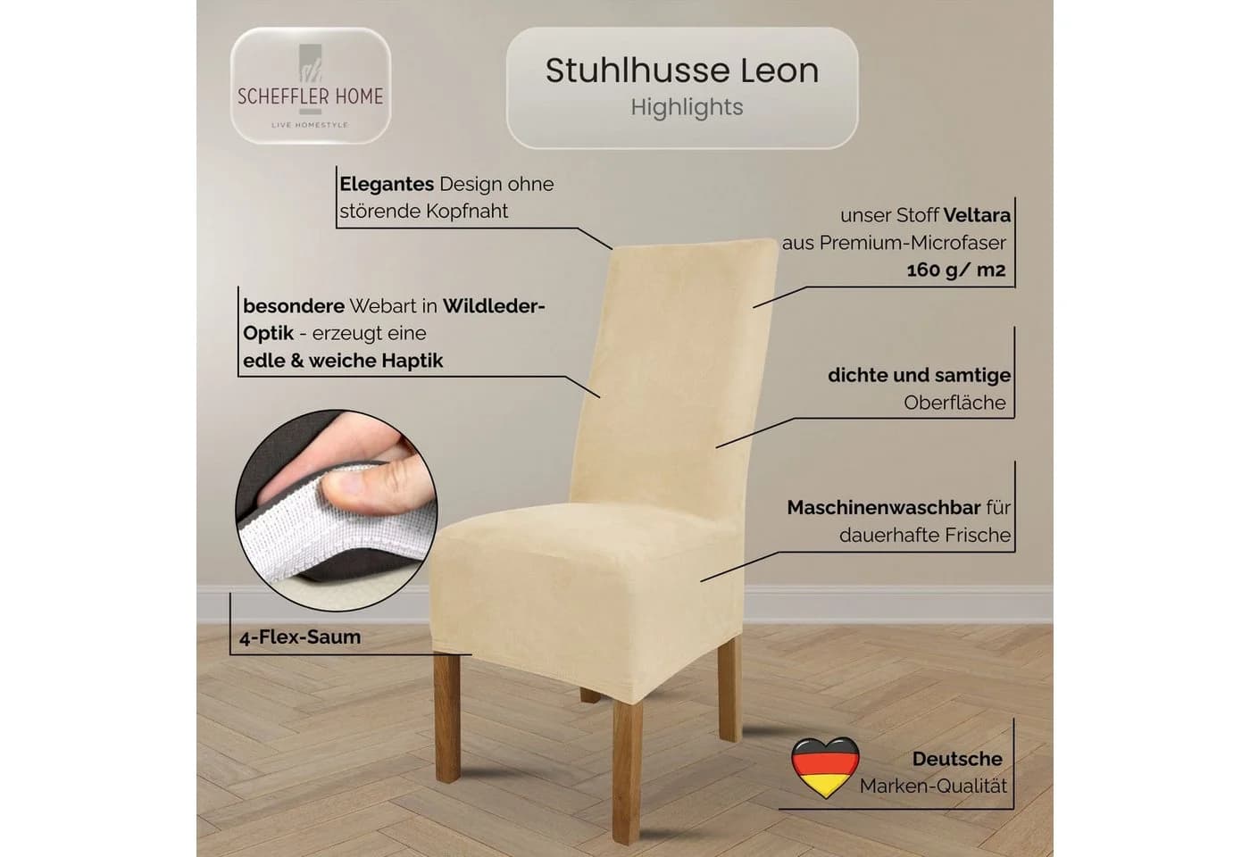 Scheffler Home Stuhlhusse Leon Weiß Premium-Microfaser Veltara - Bild 3
