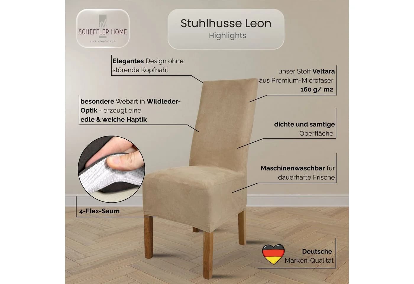 Scheffler Home Stuhlhusse Leon Beige Premium-Microfaser Wildleder-Optik - Bild 3