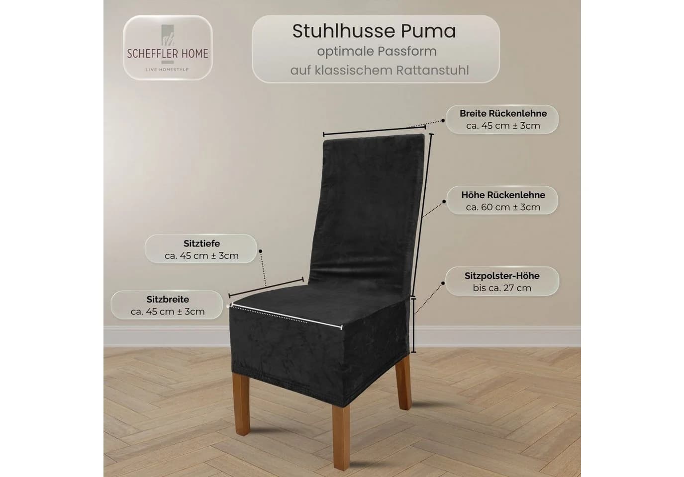 Scheffler Home Stuhlhusse Puma Lang Schwarz Samt-Optik Elastisch