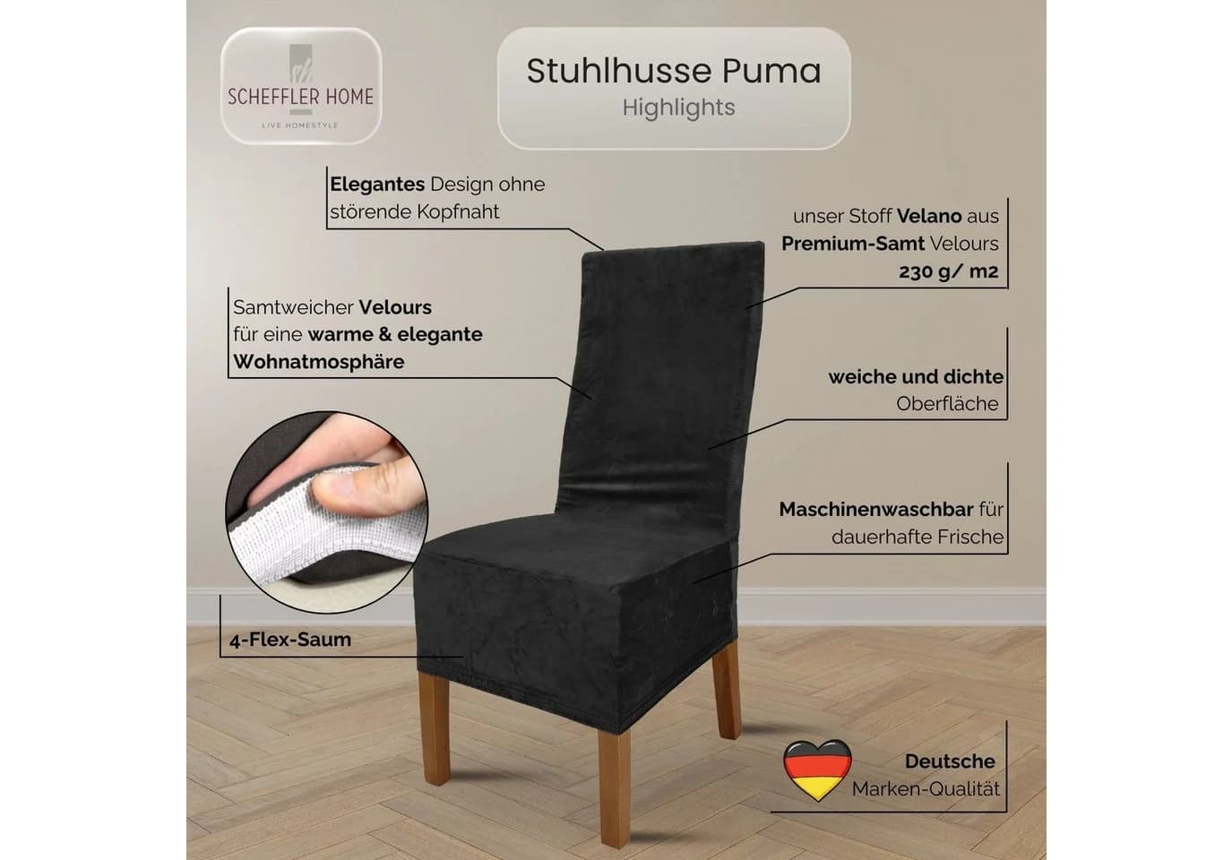 Scheffler Home Stuhlhusse Puma Lang Schwarz Samt-Optik Elastisch - Bild 3