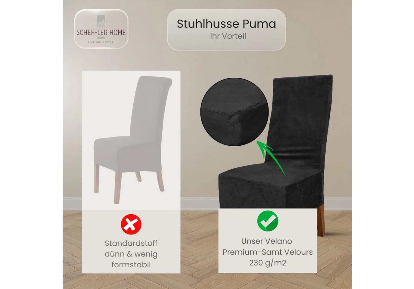Scheffler Home Stuhlhusse Puma Lang Schwarz Samt-Optik Elastisch - Bild 4