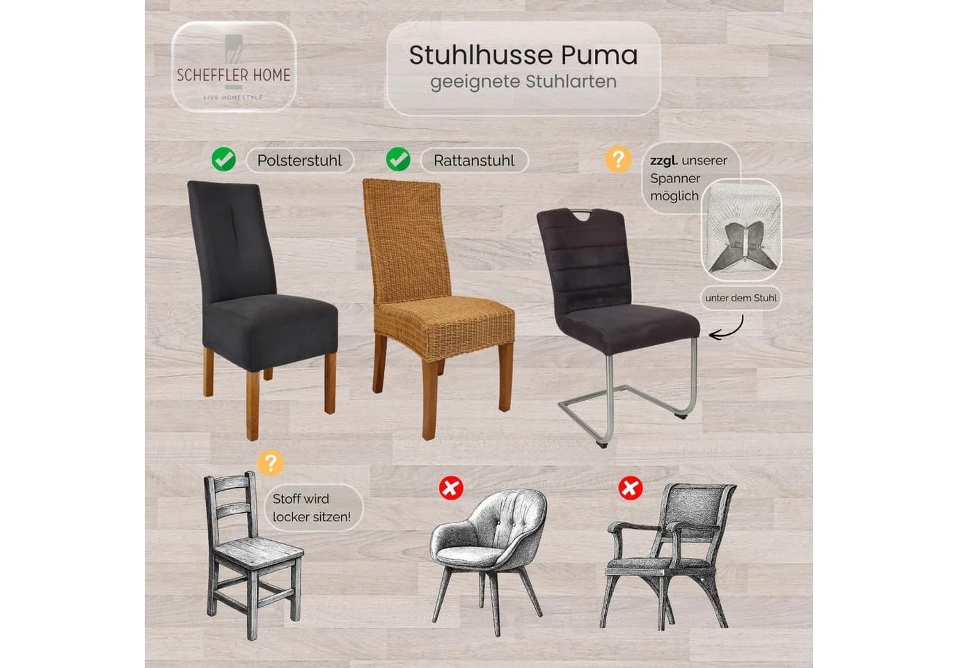 Scheffler Home Stuhlhusse Puma Lang Schwarz Samt-Optik Elastisch - Bild 5