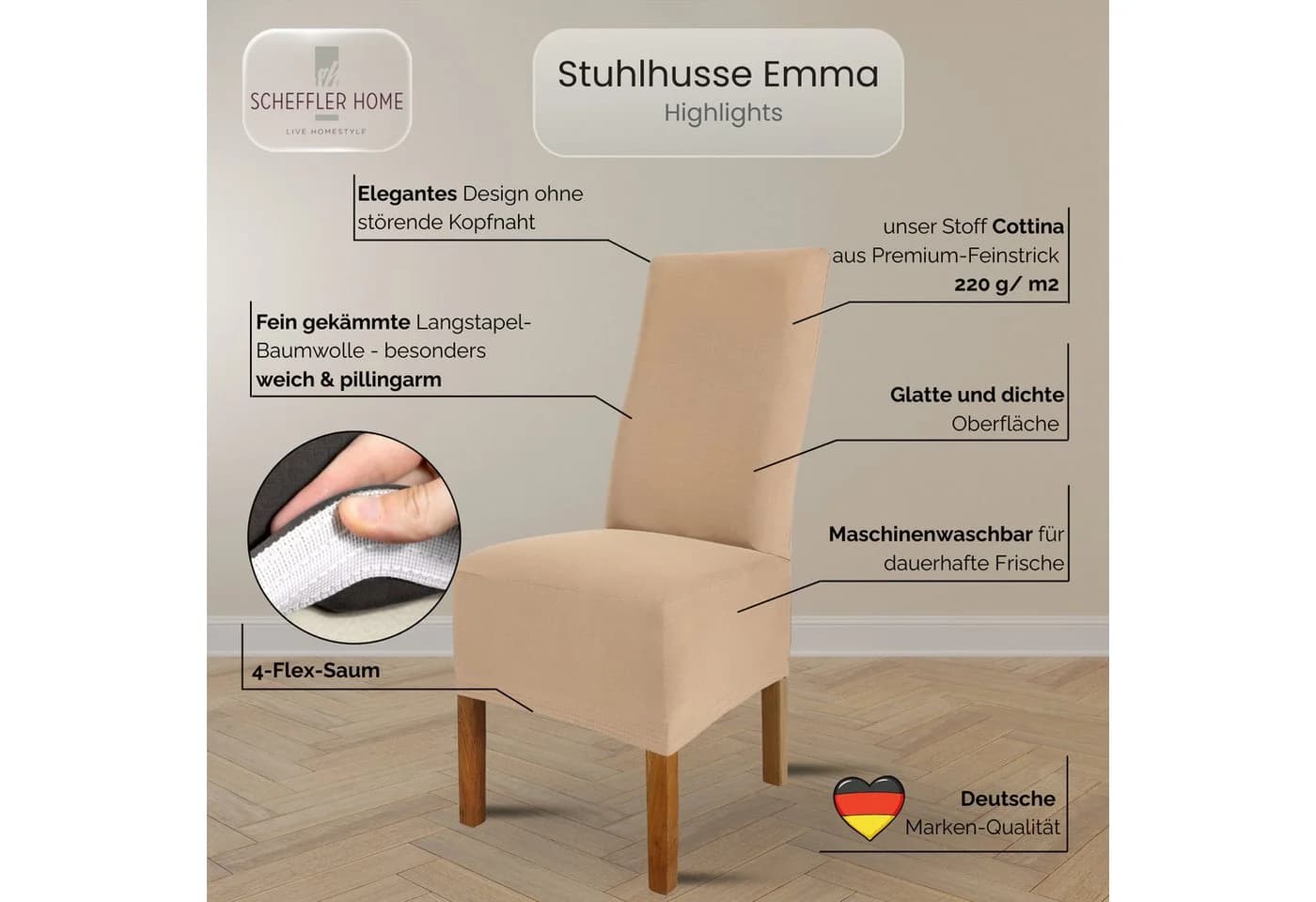 Scheffler Home Stuhlhusse Emma Beige Elastische Baumwolle Modern - Bild 3