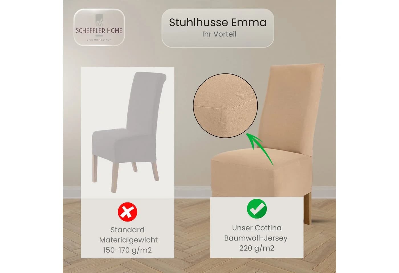 Scheffler Home Stuhlhusse Emma Beige Elastische Baumwolle Modern - Bild 4