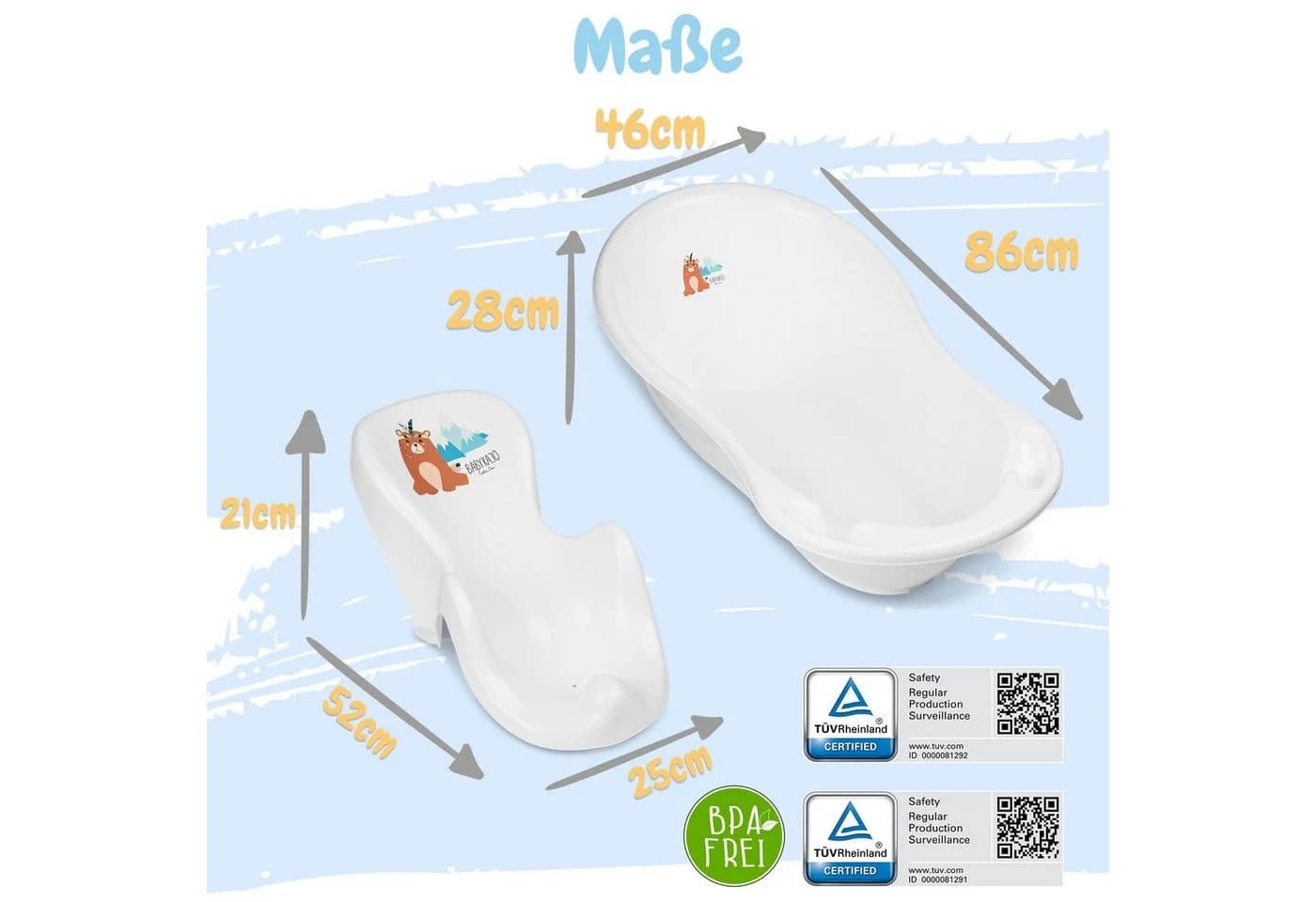 Babykajo Babybadewanne 7-tlg. Weiß mit Gestell, Badesitz, Töpfchen