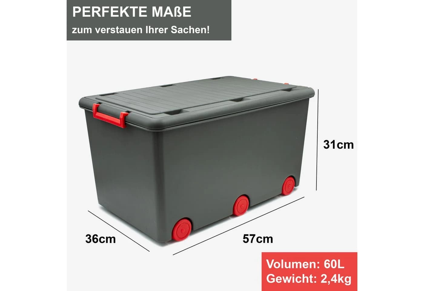 Babykajo Aufbewahrungsbox 3er Set mit Rollen 50L Schwarz/Rot