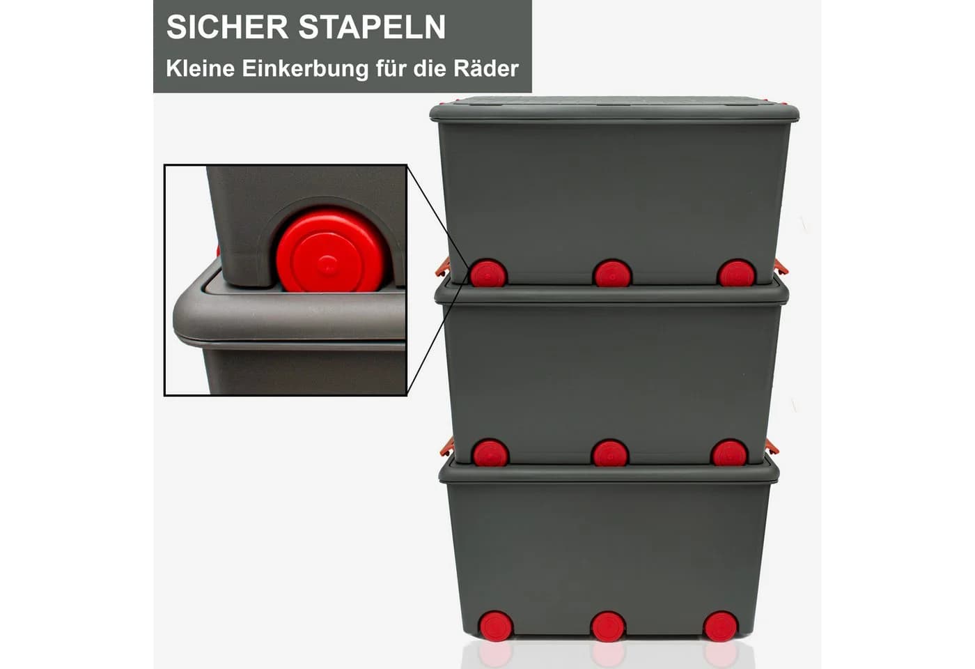 Babykajo Aufbewahrungsbox 3er Set mit Rollen 50L Schwarz/Rot - Bild 3