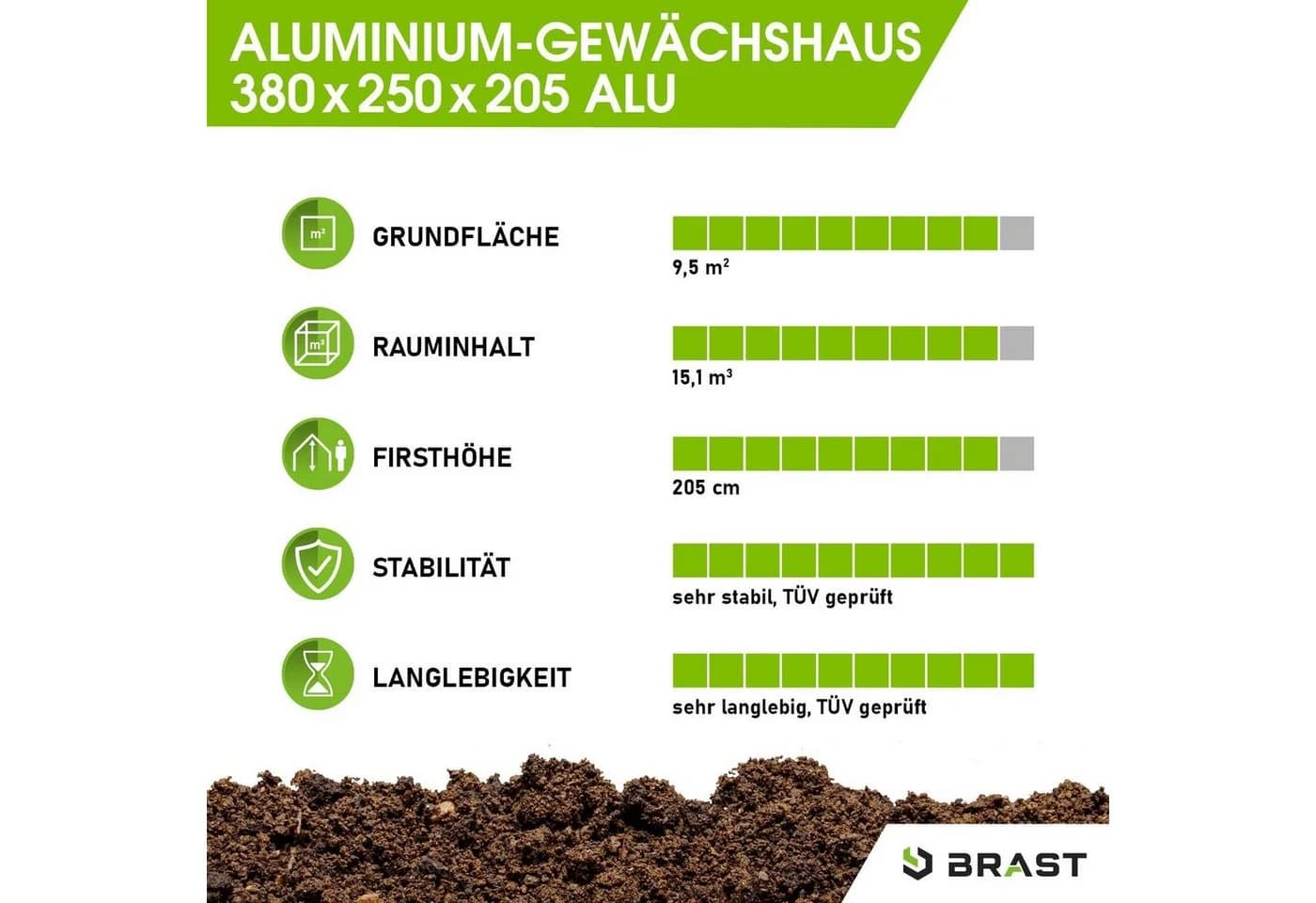 BRAST Gewächshaus Aluminium 380x250x205cm TÜV-geprüft