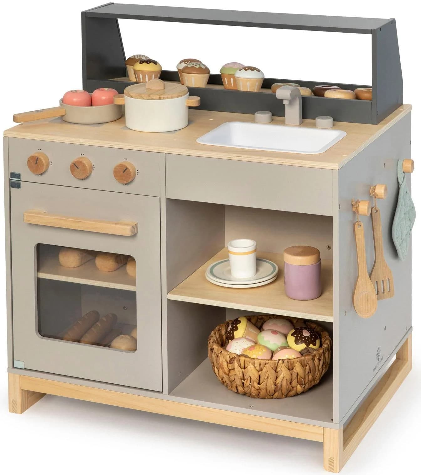 MUSTERKIND Spielküche Prunus warmgrau/natur 2-in-1 mit Verkaufstresen