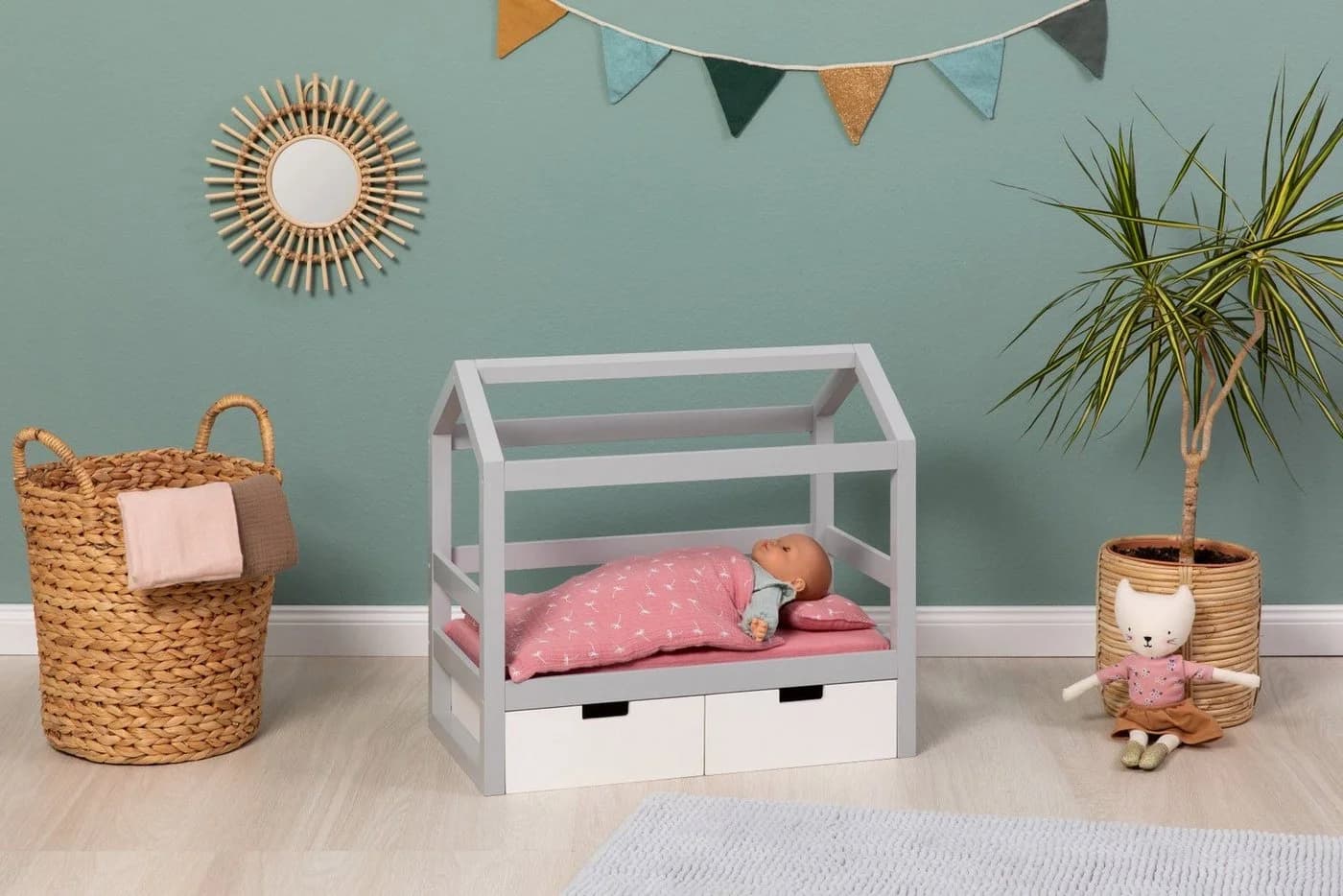 MUSTERKIND® Puppenbett Viola, grau/weiß, aus Holz