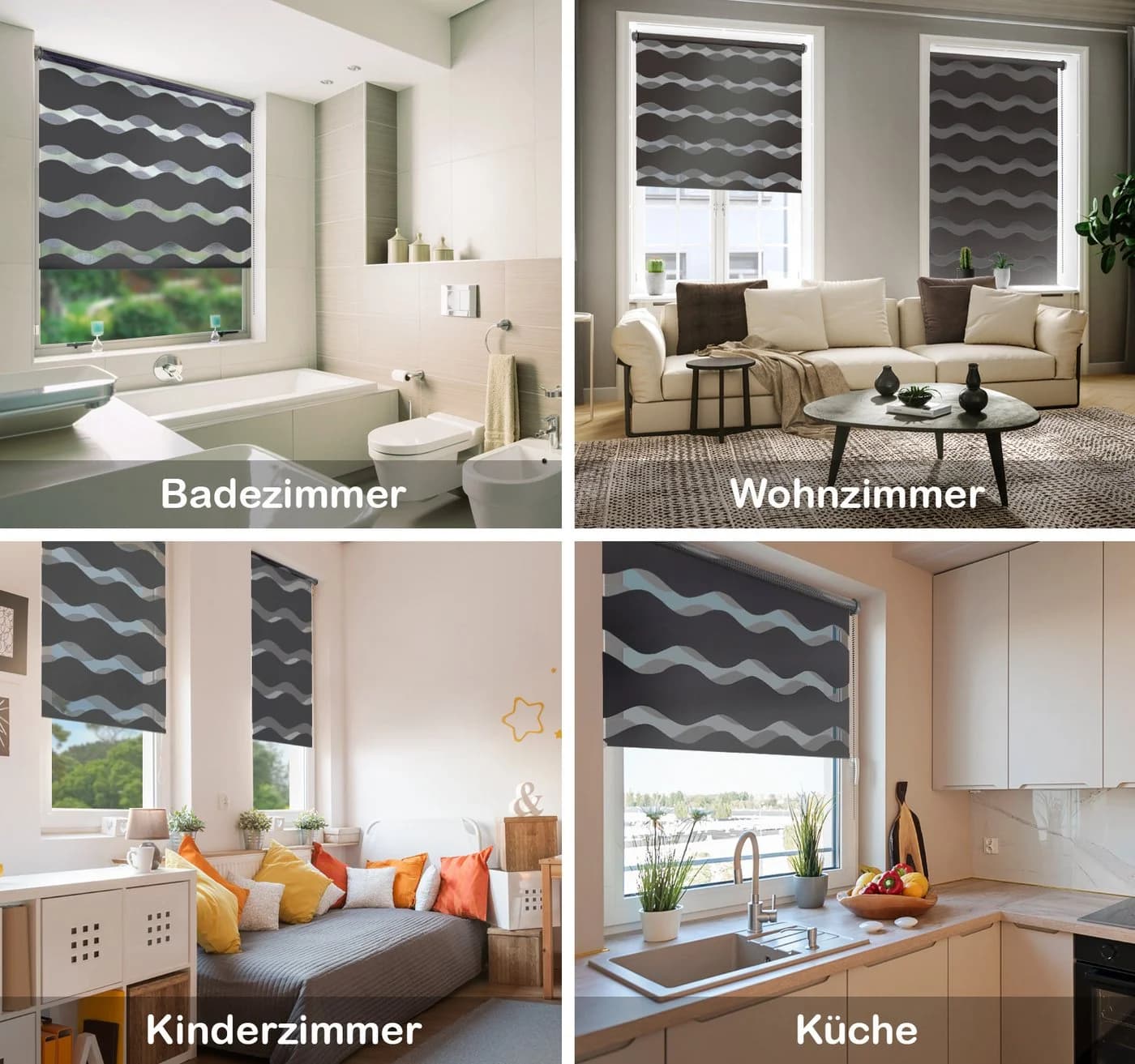 DomDeco Doppelrollo Wave Schwarz Klemmfix ohne Bohren