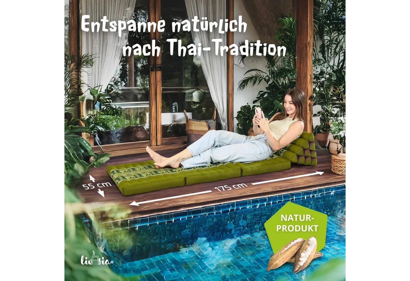 livasia Thaikissen Deluxe Grün 100% Kapok Füllung Handgefertigt