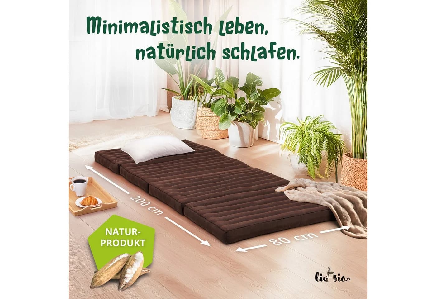 livasia Klappmatratze 80x200 cm Kapok Vegan Handgefertigt