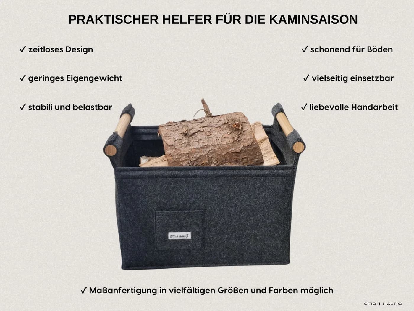 Stich-haltig Kaminholzkorb Filz Anthrazit mit Echtholzgriffen - Bild 4