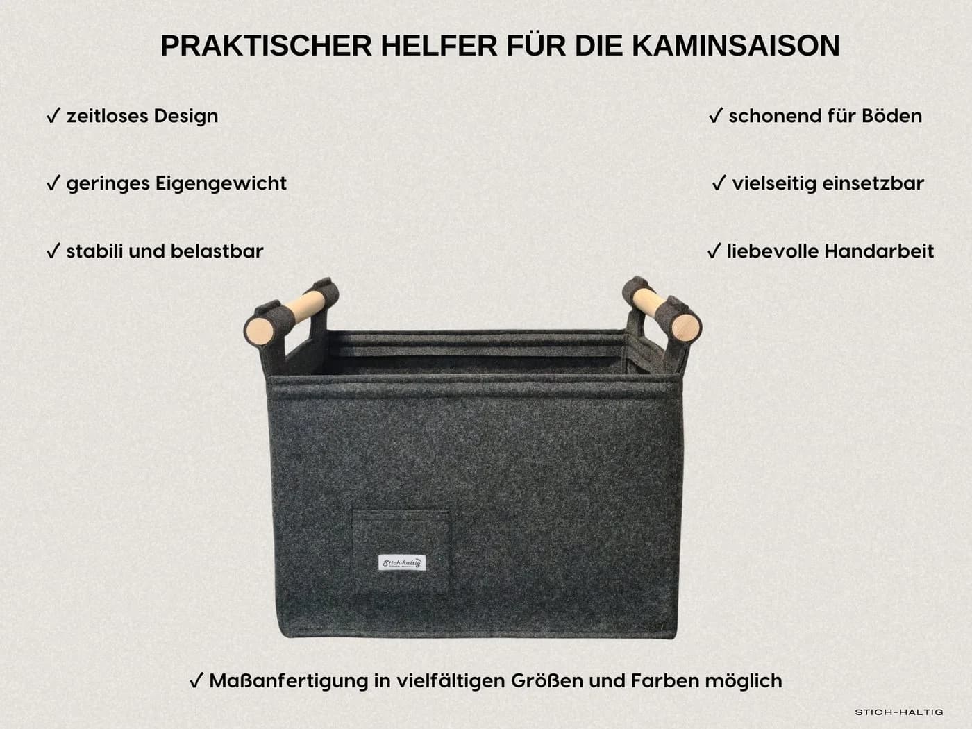 Stich-haltig Kaminholzkorb mit Holzgriffen Anthrazit Filz L - Bild 5