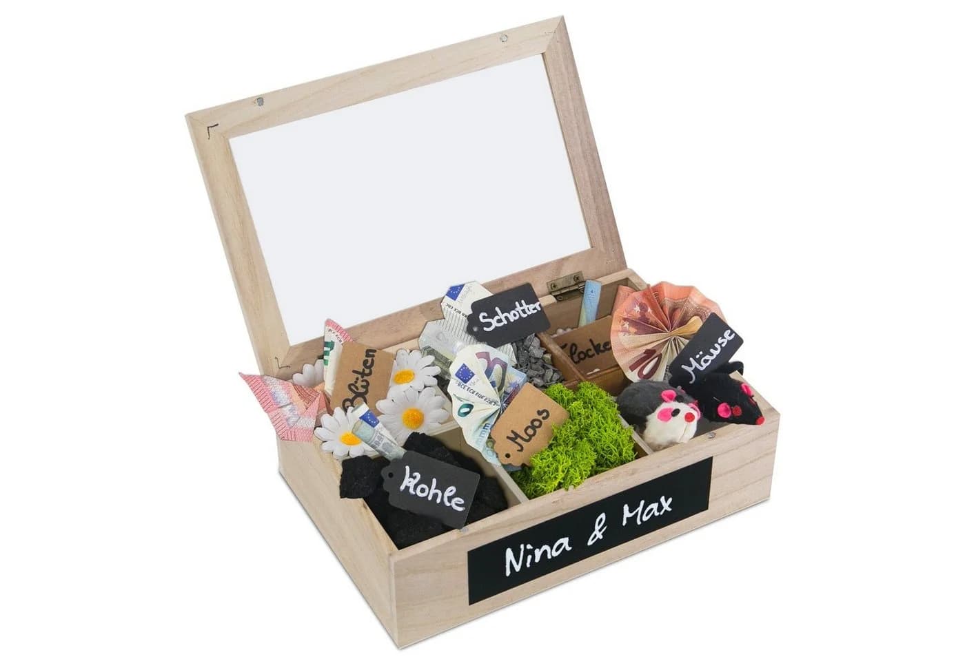 SURPRISA Geschenkbox Schotter Schatulle - 6 Fächer Holzbox mit Glasdeckel - Bild 2