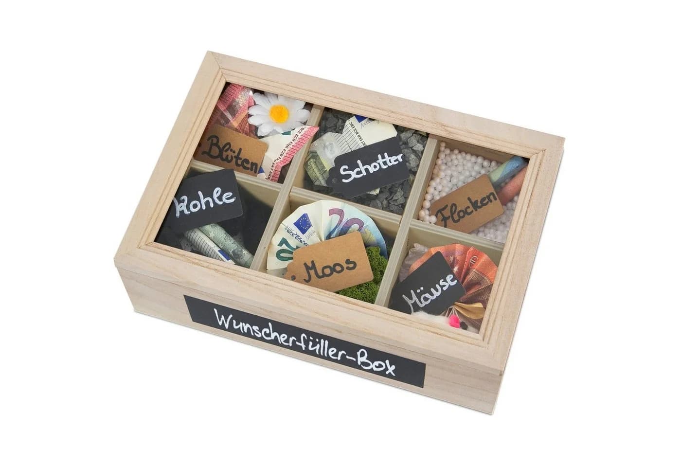 SURPRISA Geschenkbox Schotter Schatulle - 6 Fächer Holzbox mit Glasdeckel - Bild 3