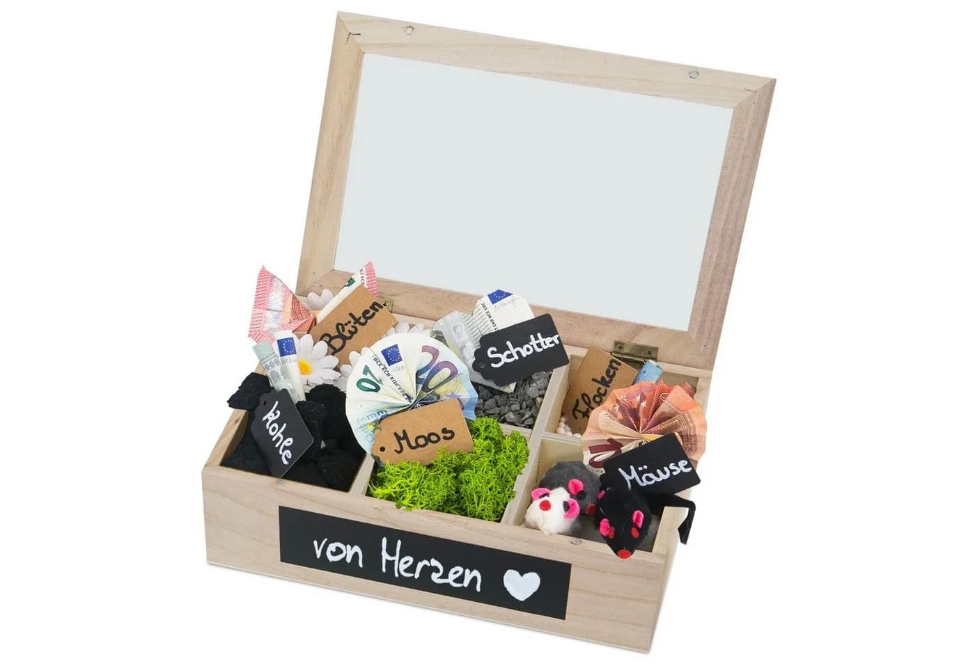 SURPRISA Geschenkbox Schotter Schatulle - 6 Fächer Holzbox mit Glasdeckel - Bild 4