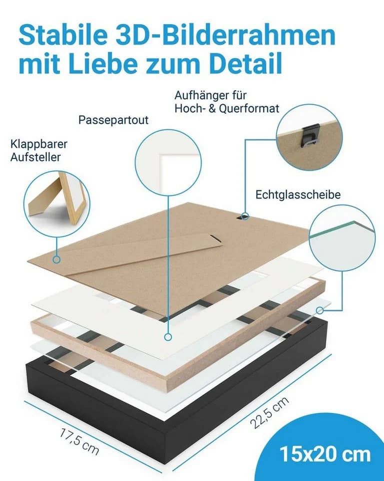 PHOTOLINI Bilderrahmen 3D-Objektrahmen Schwarz 15x20 cm mit Passepartout - Bild 3