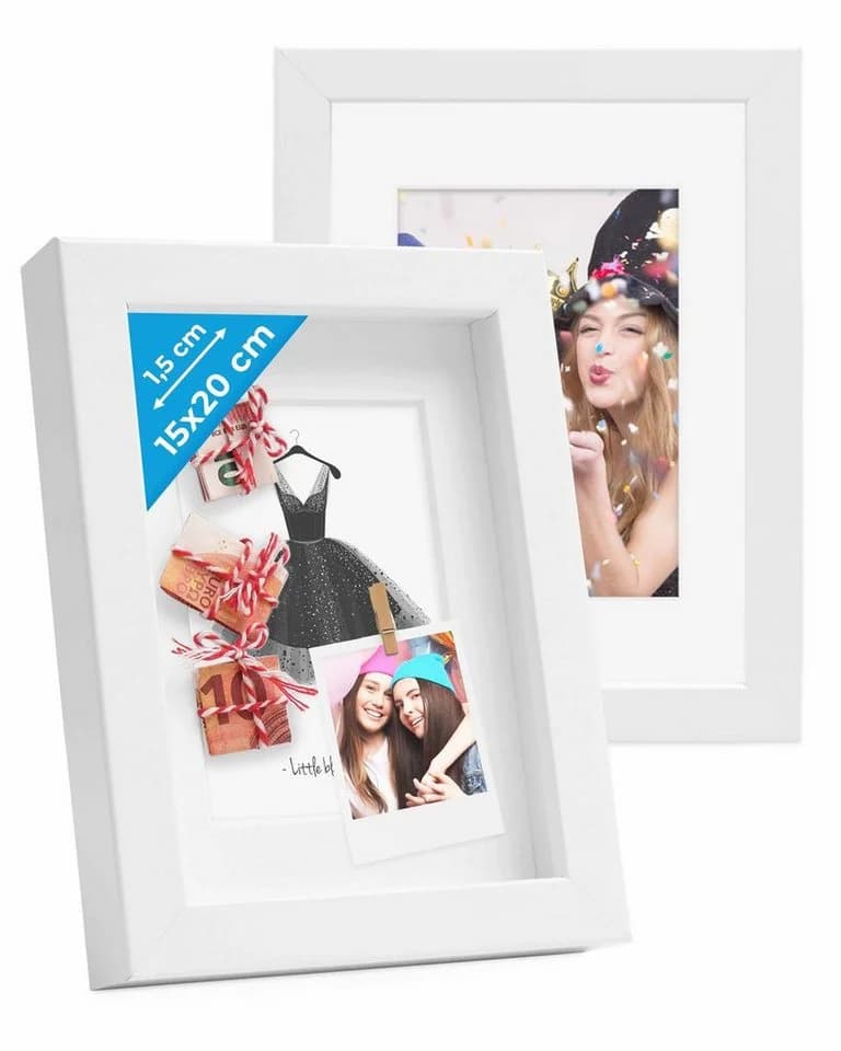 PHOTOLINI 3D-Objektrahmen 2er Set Weiß MDF mit Passepartout - Bild 2