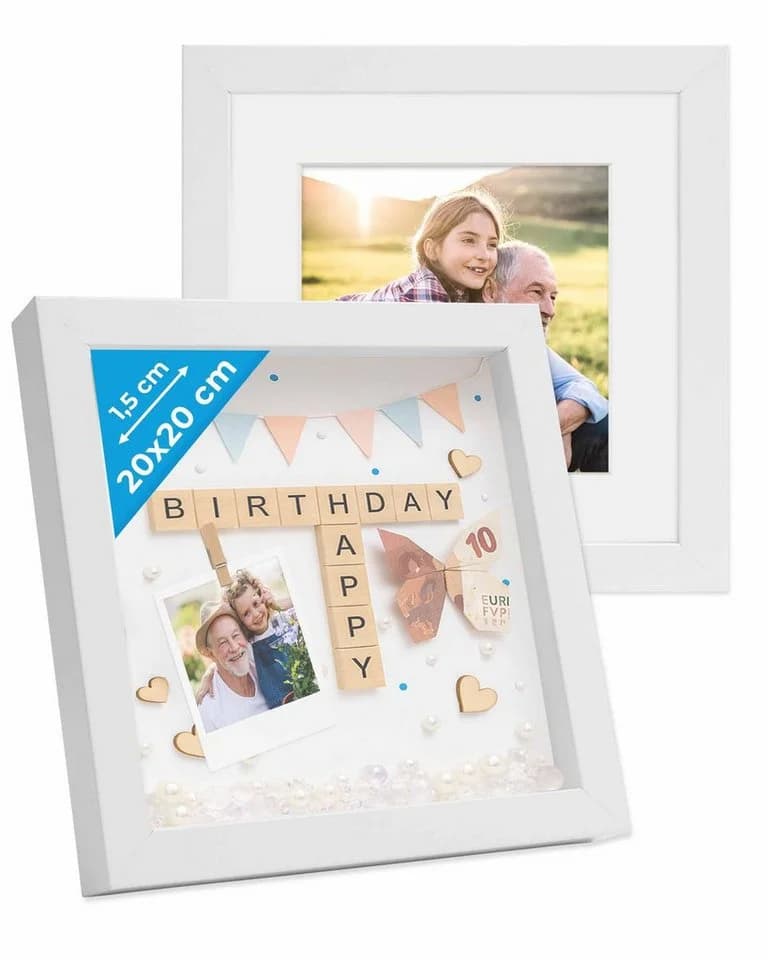 PHOTOLINI 3D-Objektrahmen 2er Set Weiß 20x20 cm mit Passepartout - Bild 2