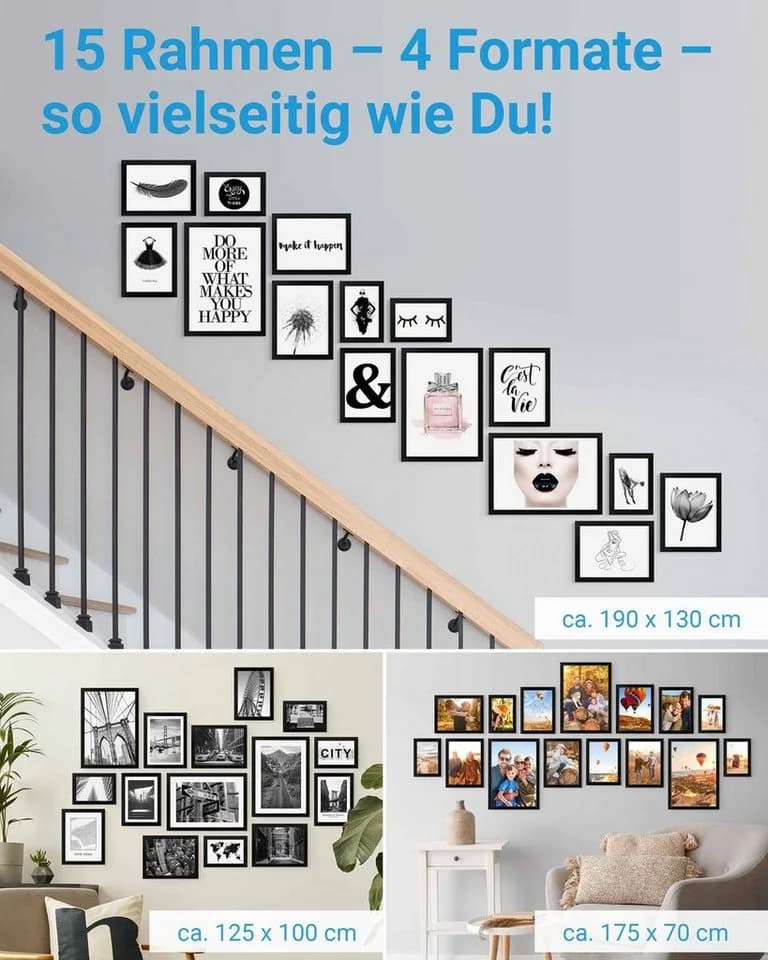 PHOTOLINI Bilderrahmen 15er Set Schwarz MDF Acrylglas