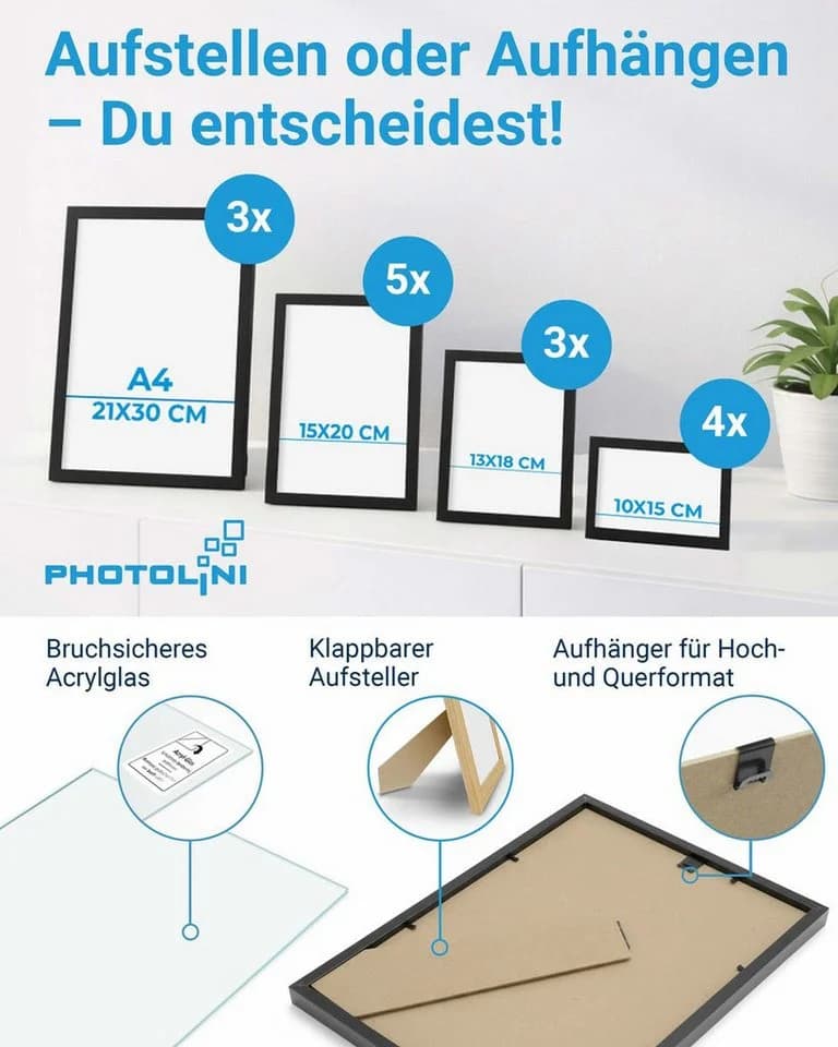 PHOTOLINI Bilderrahmen 15er Set Schwarz MDF Acrylglas - Bild 3