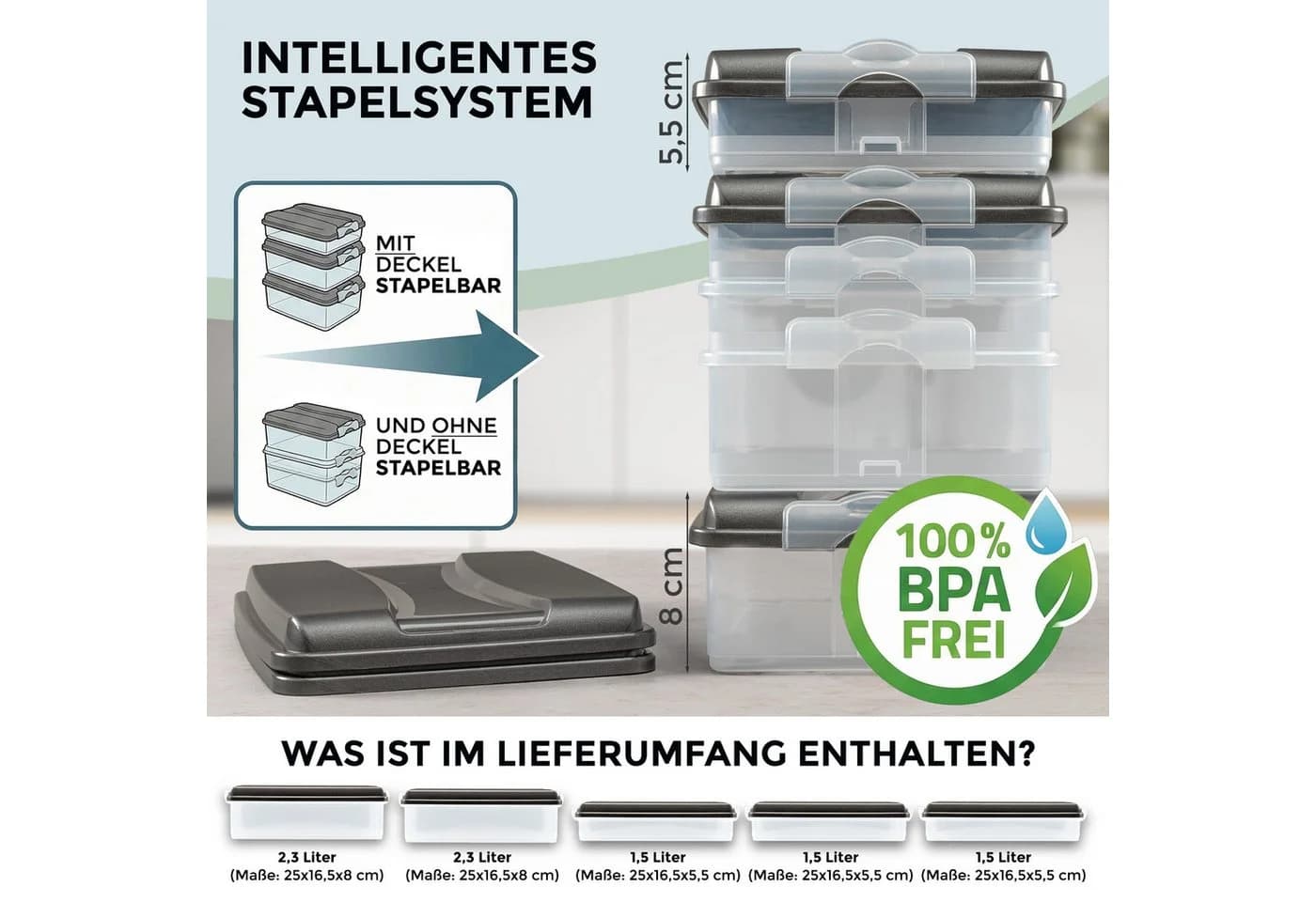 Hausfelder Frischhaltedosen-Set 10-tlg. Anthrazit Stapelbar BPA-frei - Bild 3