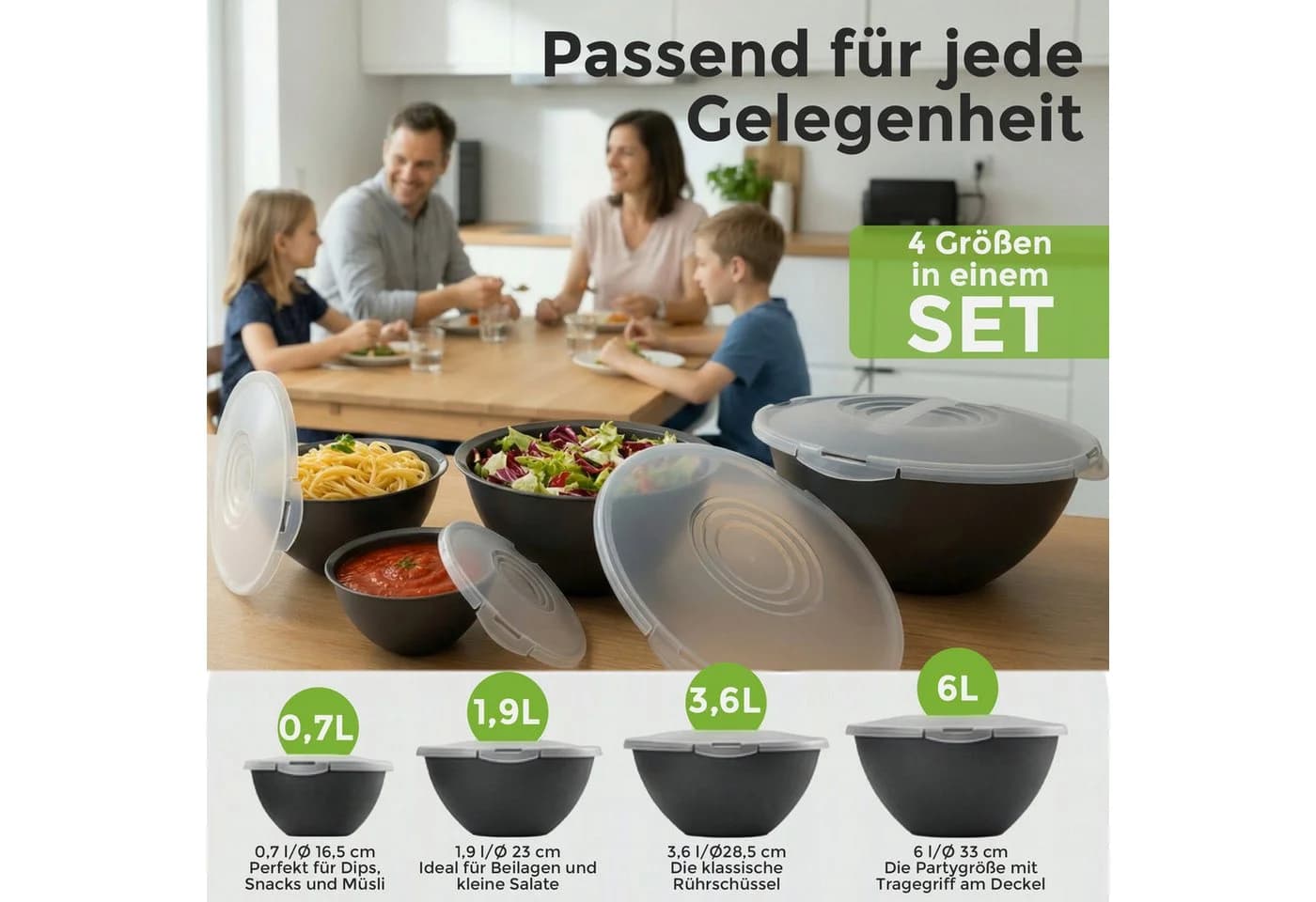 Hausfelder Salatschüssel Set 8-tlg. mit Deckel Anthrazit Schwarz Kunststoff