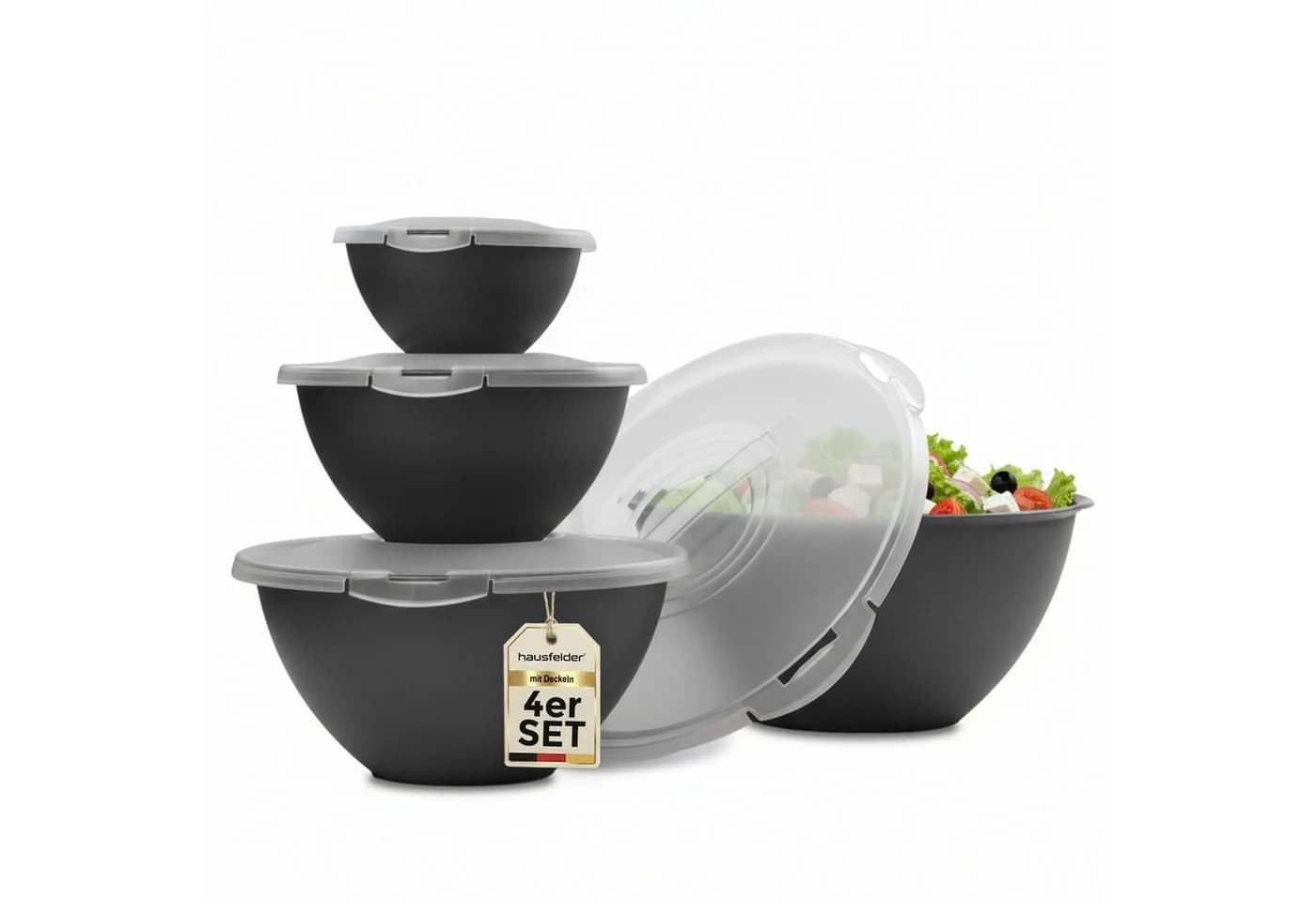 Hausfelder Salatschüssel Set 8-tlg. mit Deckel Anthrazit Schwarz Kunststoff - Bild 2