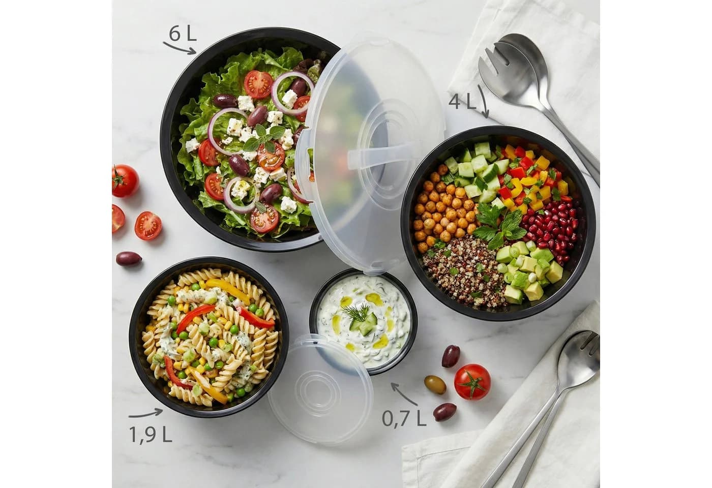 Hausfelder Salatschüssel Set 8-tlg. mit Deckel Anthrazit Schwarz Kunststoff - Bild 3