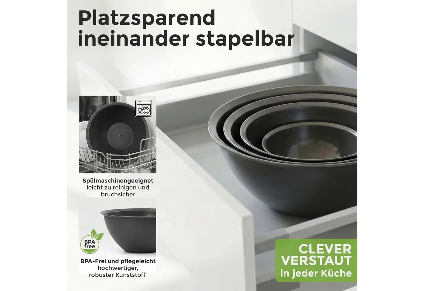Hausfelder Salatschüssel Set 8-tlg. mit Deckel Anthrazit Schwarz Kunststoff - Bild 5