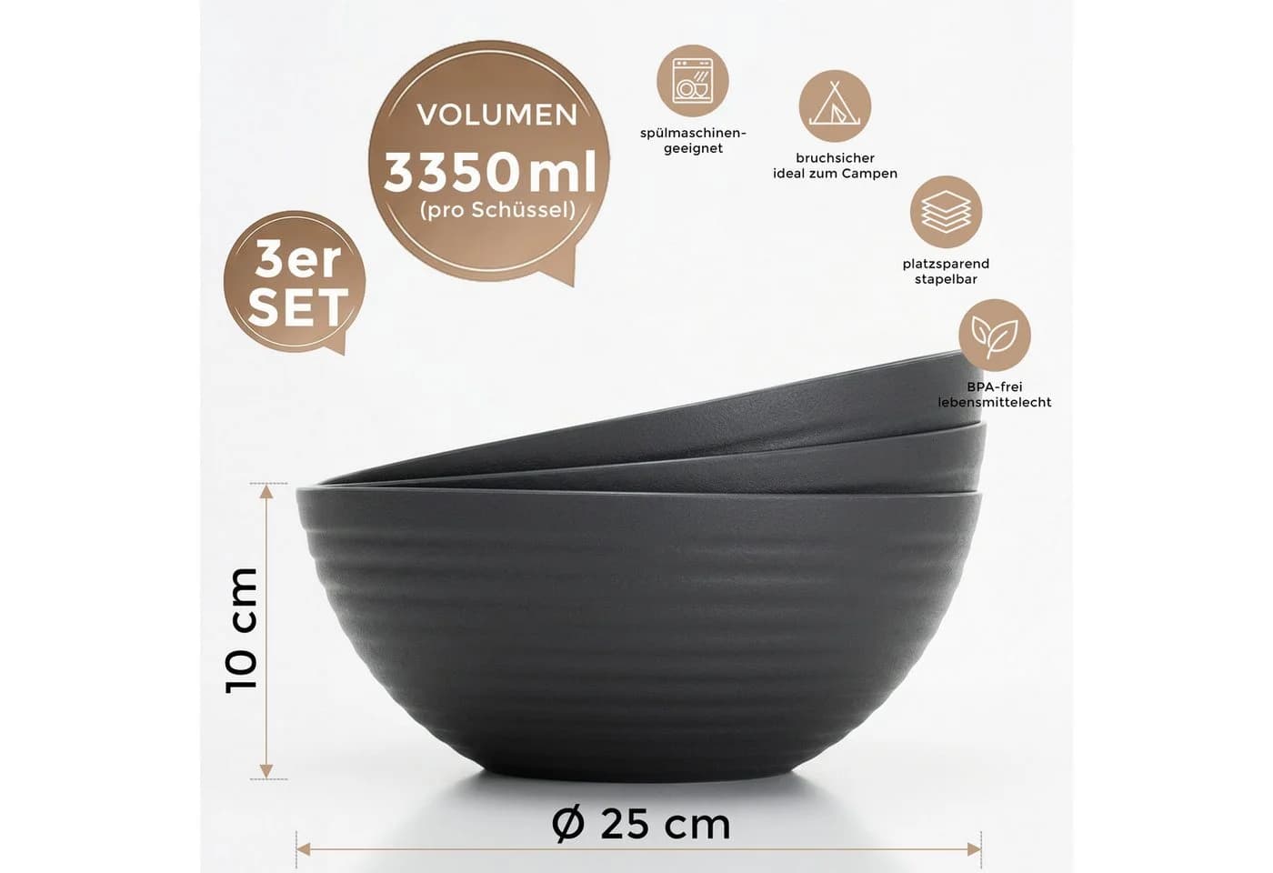 Hausfelder Servierschüssel Set 3-tlg. Schwarz Kunststoff BPA-frei