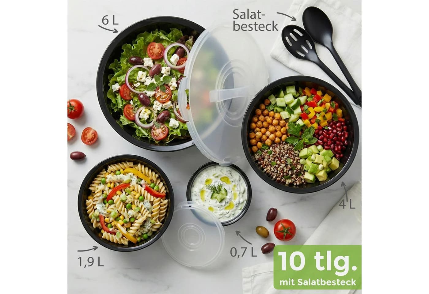 Hausfelder Salatschüssel Set 10-tlg. Kunststoff Schwarz - Bild 3