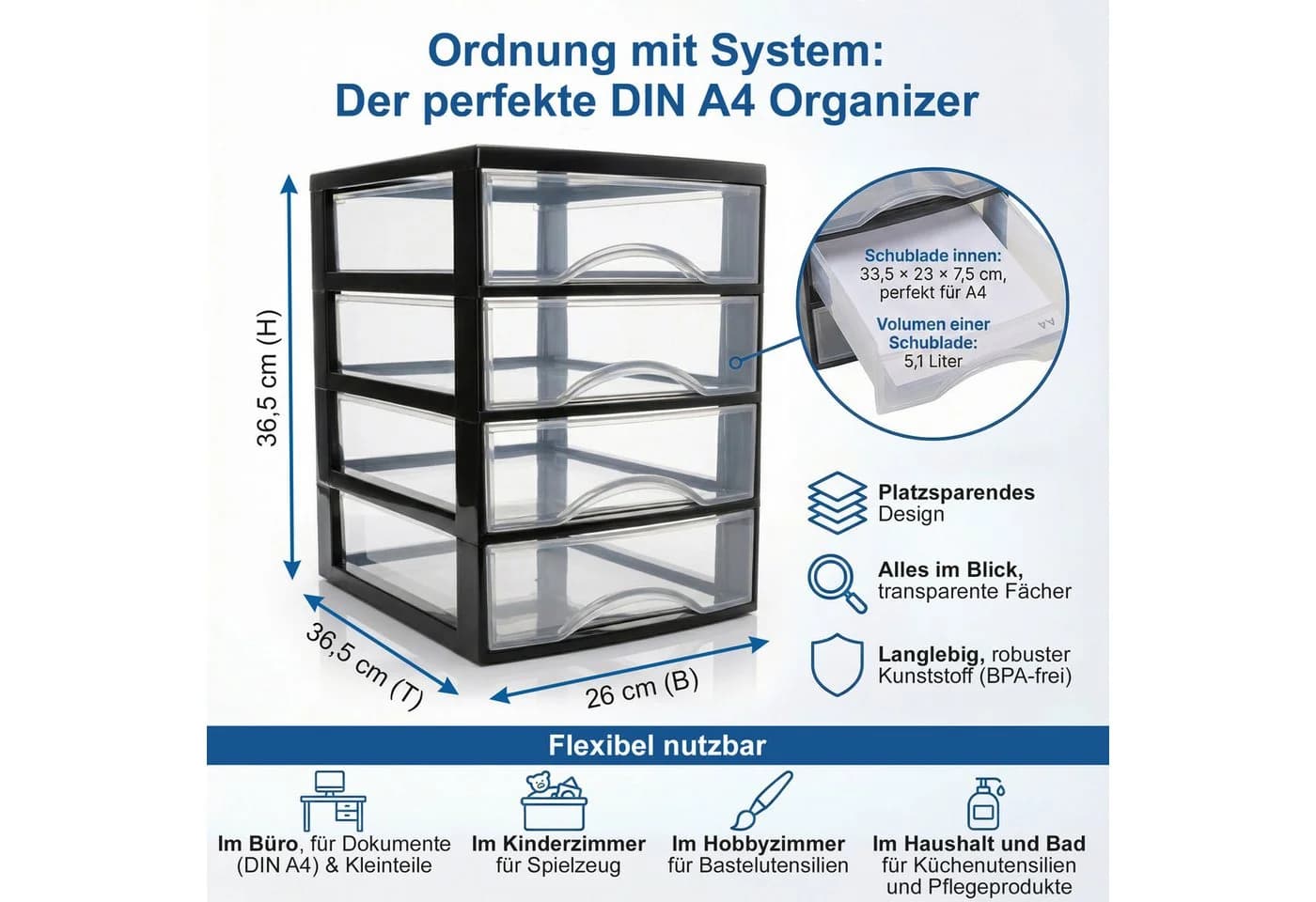 Hausfelder Schubladenschrank A4 mit 4 Schubladen, transparent, BPA-frei