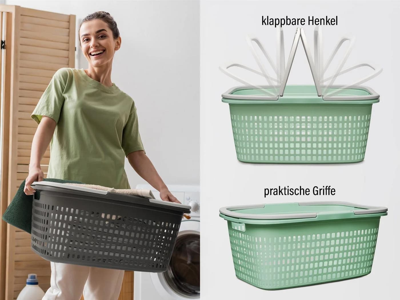 Hausfelder Wäschekorb Set 3x Jadegrün Kunststoff mit Henkeln - Bild 3