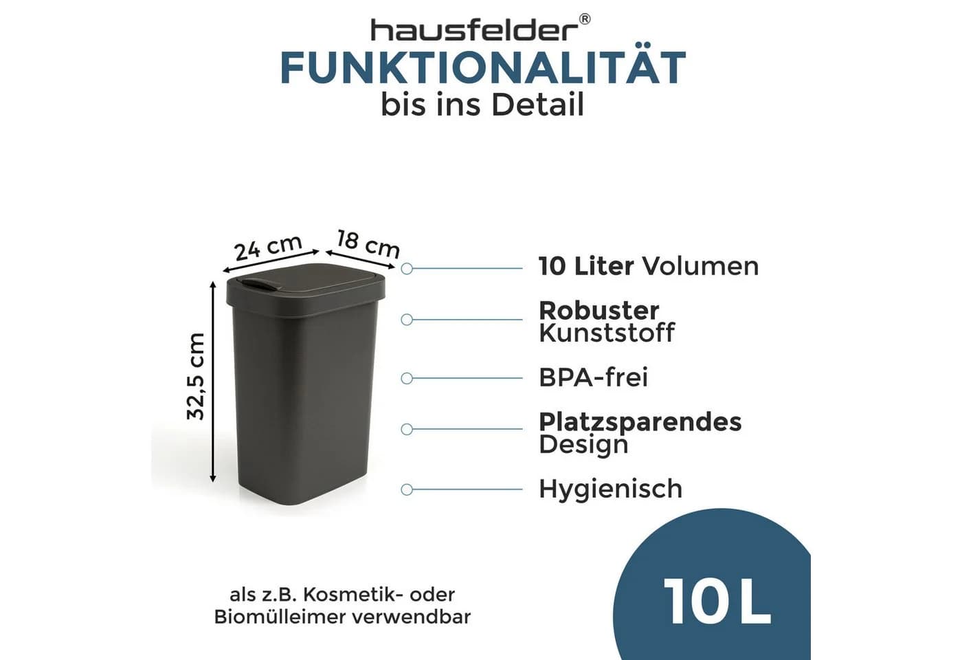 Hausfelder Mülleimer 10L Schwarz mit Klapp-Schwingdeckel