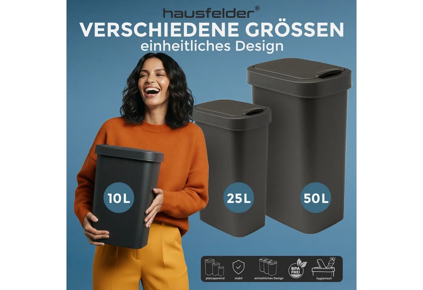 Hausfelder Mülleimer 10L Schwarz mit Klapp-Schwingdeckel - Bild 5