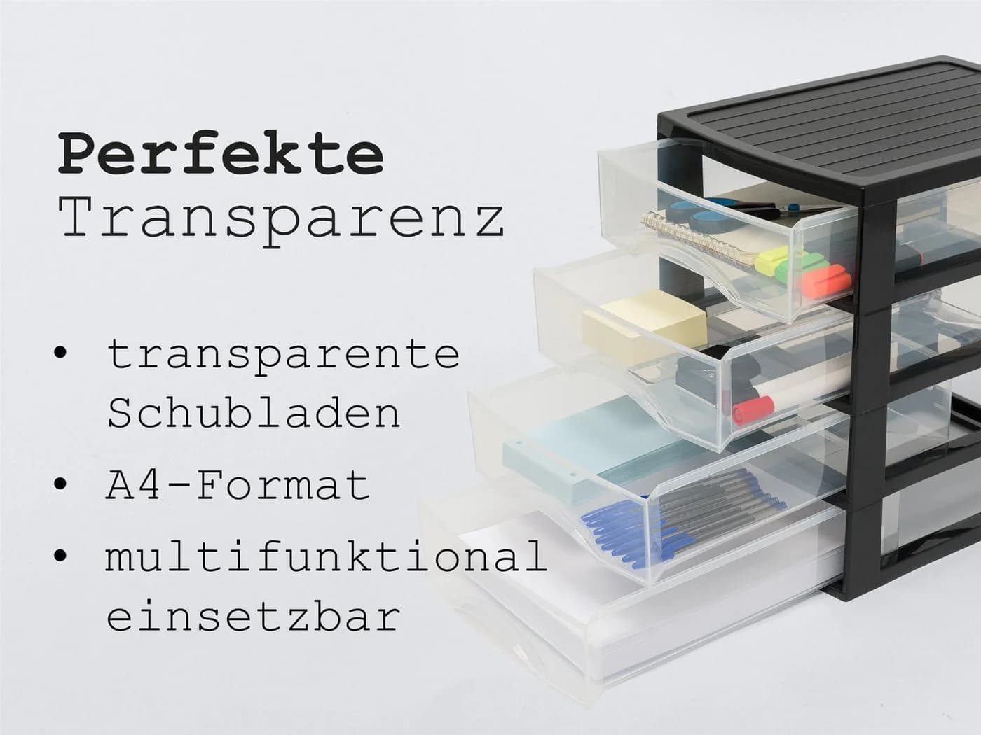 Hausfelder Schubladenbox 4er-Set A4 3 Fächer Transparent - Bild 4