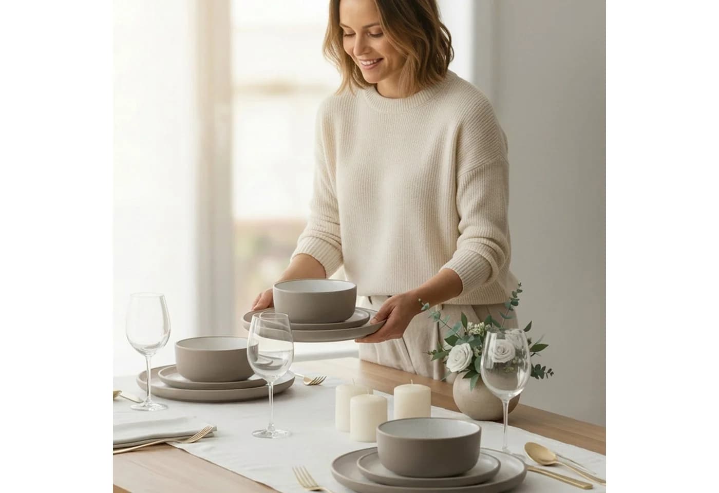 Hausfelder Geschirr-Set 48-tlg. Steingut Nordic Sand Beige - Bild 4
