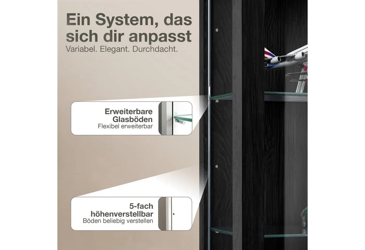 K-Möbel Hängevitrine C1012 Schwarz mit 2 Glastüren - Bild 4