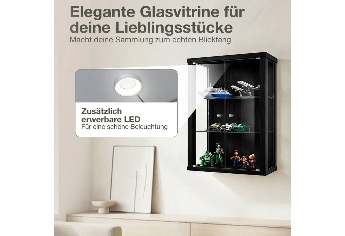 K-Möbel Hängevitrine C1012 Schwarz mit 2 Glastüren - Bild 5