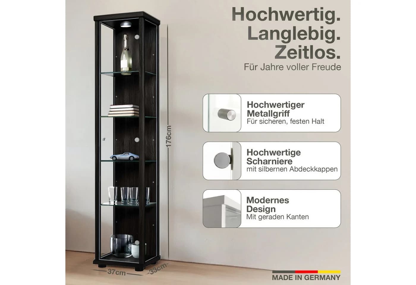 K-Möbel Glasvitrine C1014 Schwarz mit LED-Beleuchtung