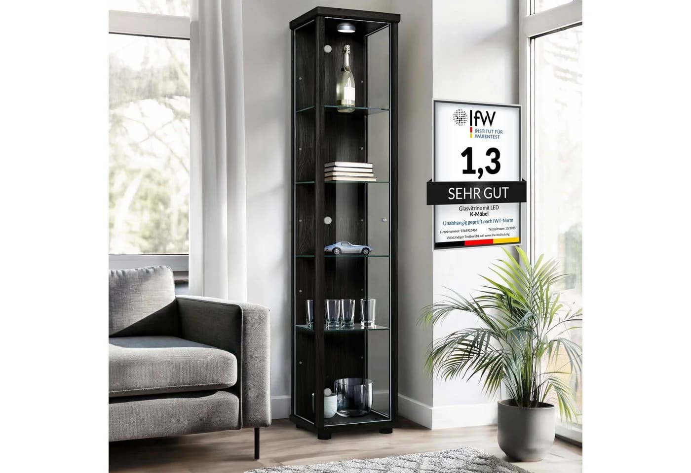 K-Möbel Glasvitrine C1014 Schwarz mit LED-Beleuchtung - Bild 2