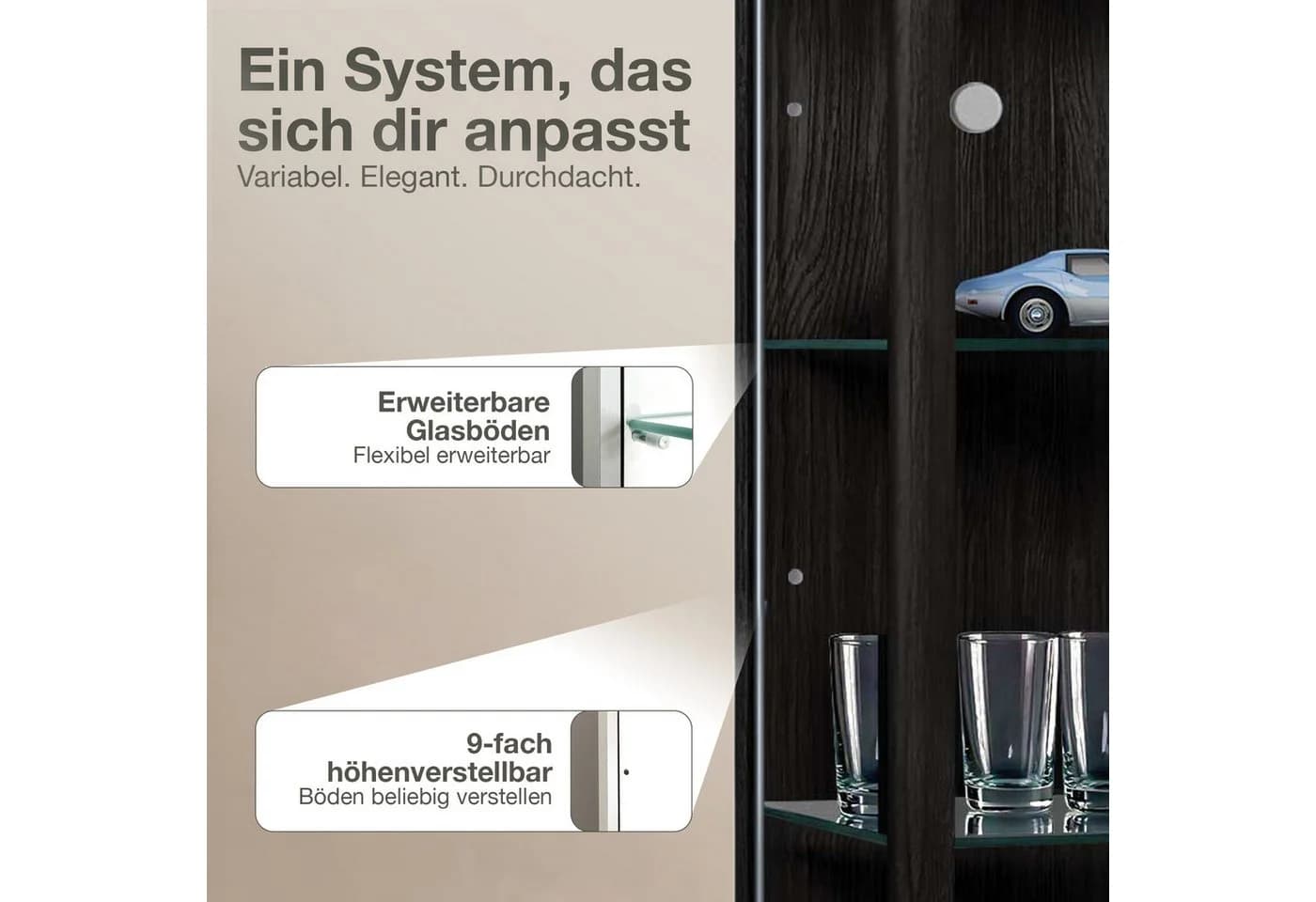 K-Möbel Glasvitrine C1014 Schwarz mit LED-Beleuchtung - Bild 4